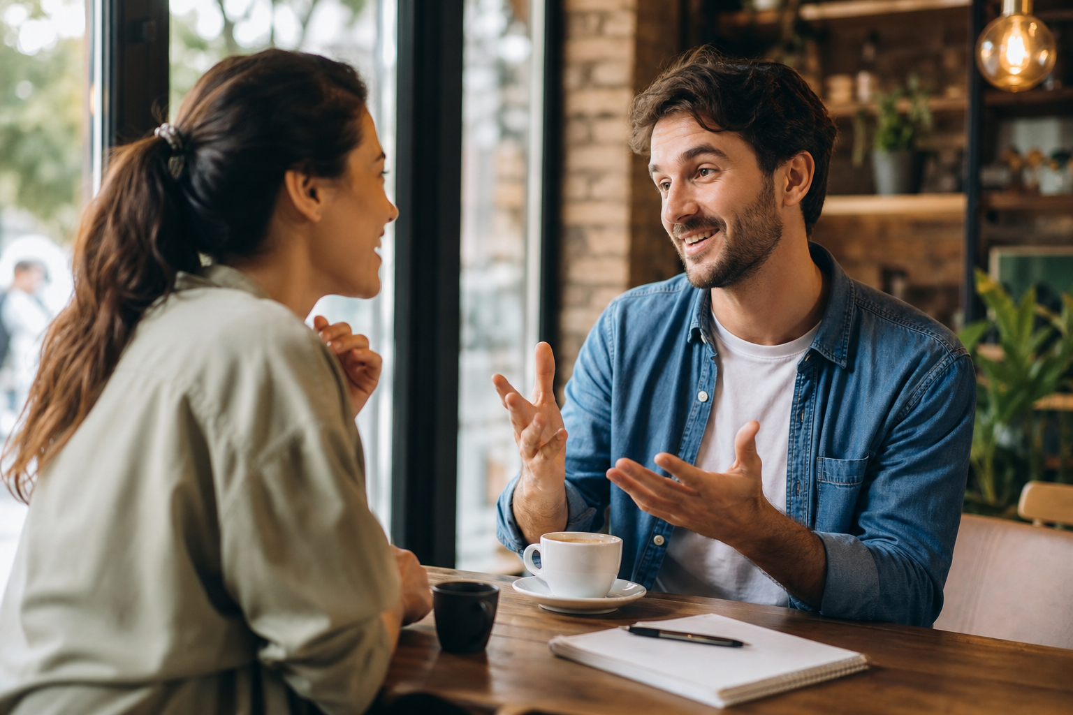 Two people in conversation at an Italian café with expressive dialogue
