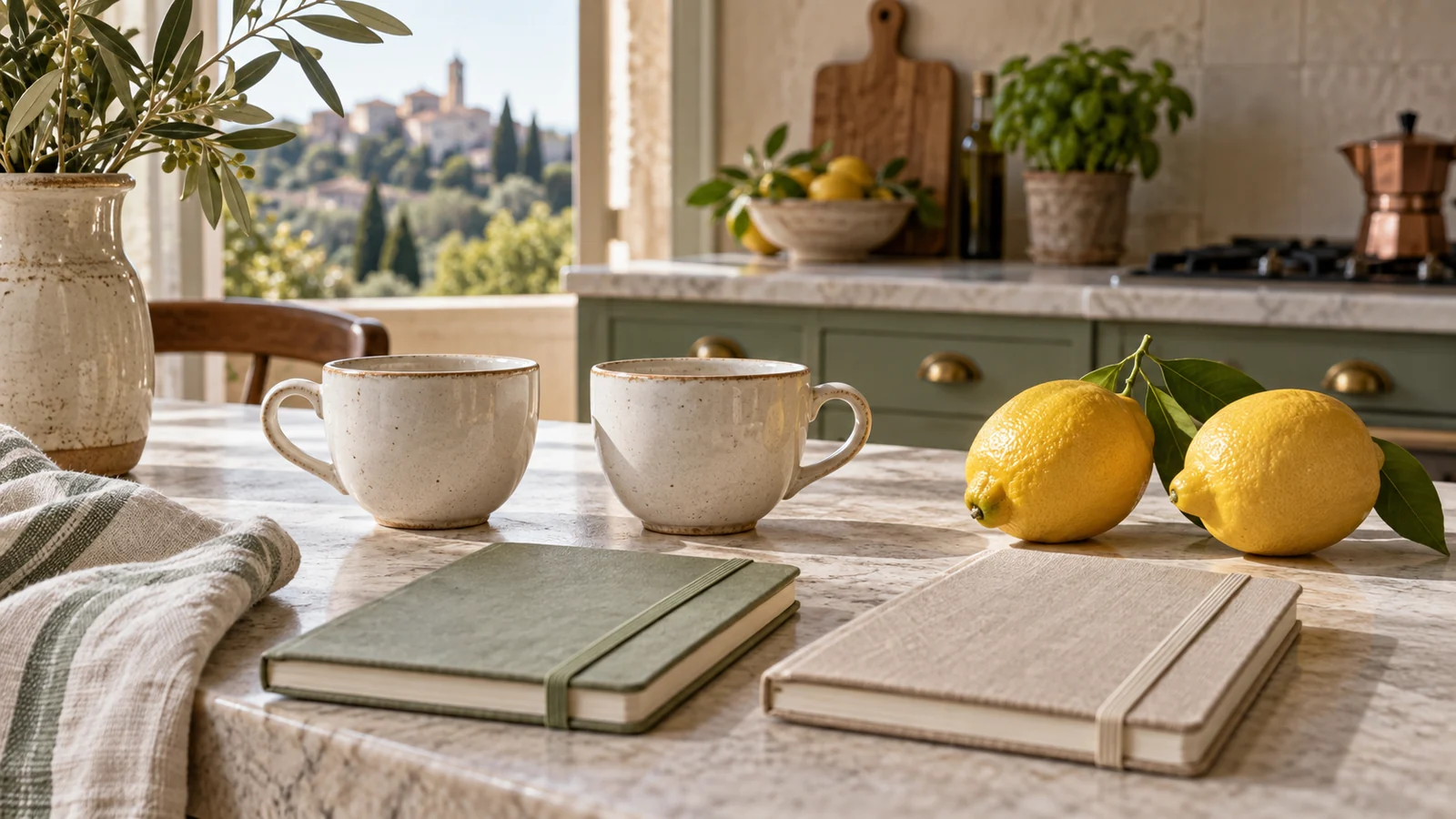Paired ceramic cups and lemons on a pale stone table in an Italian kitchen