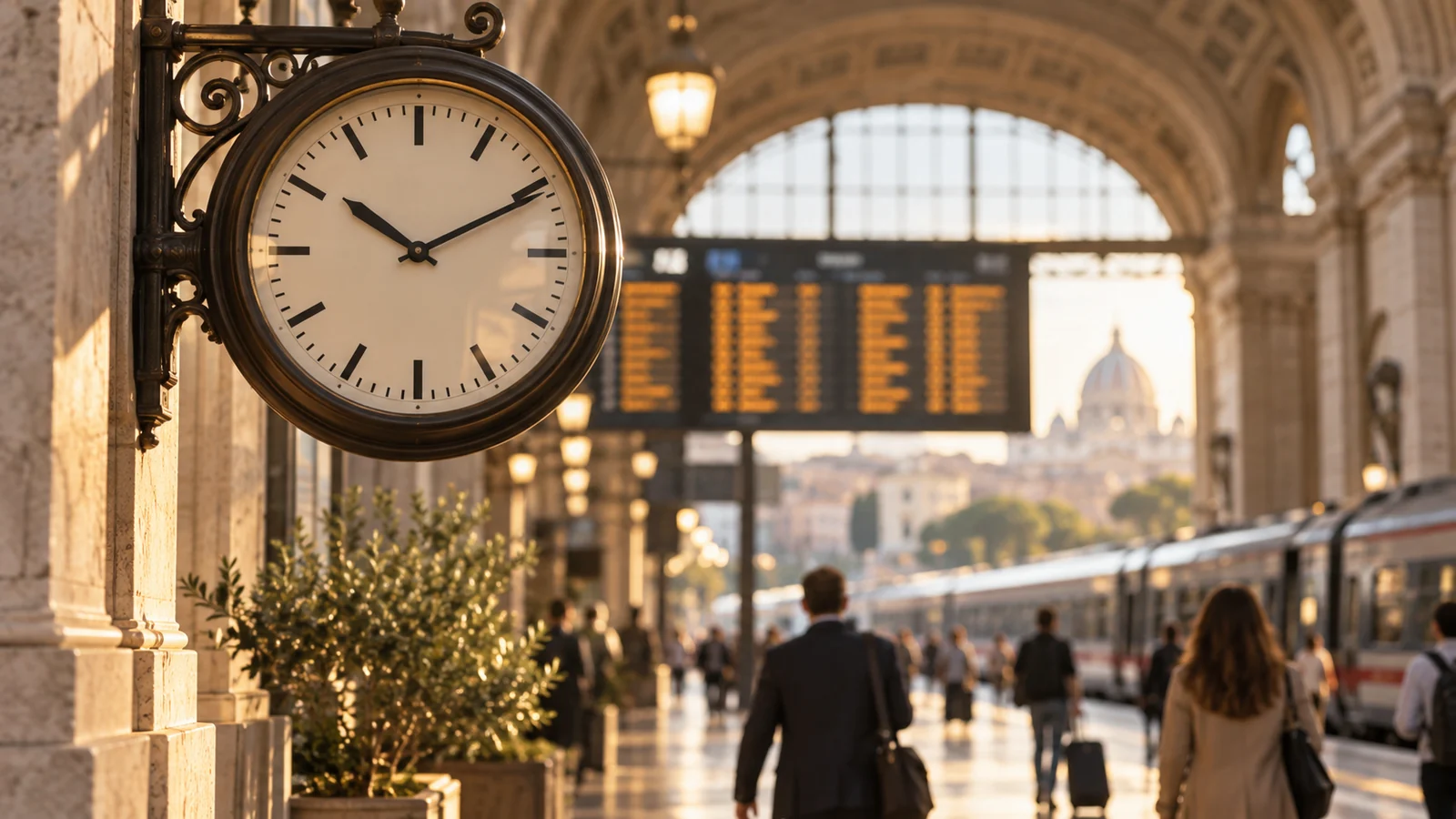Analog clock in an Italian railway station with soft morning light