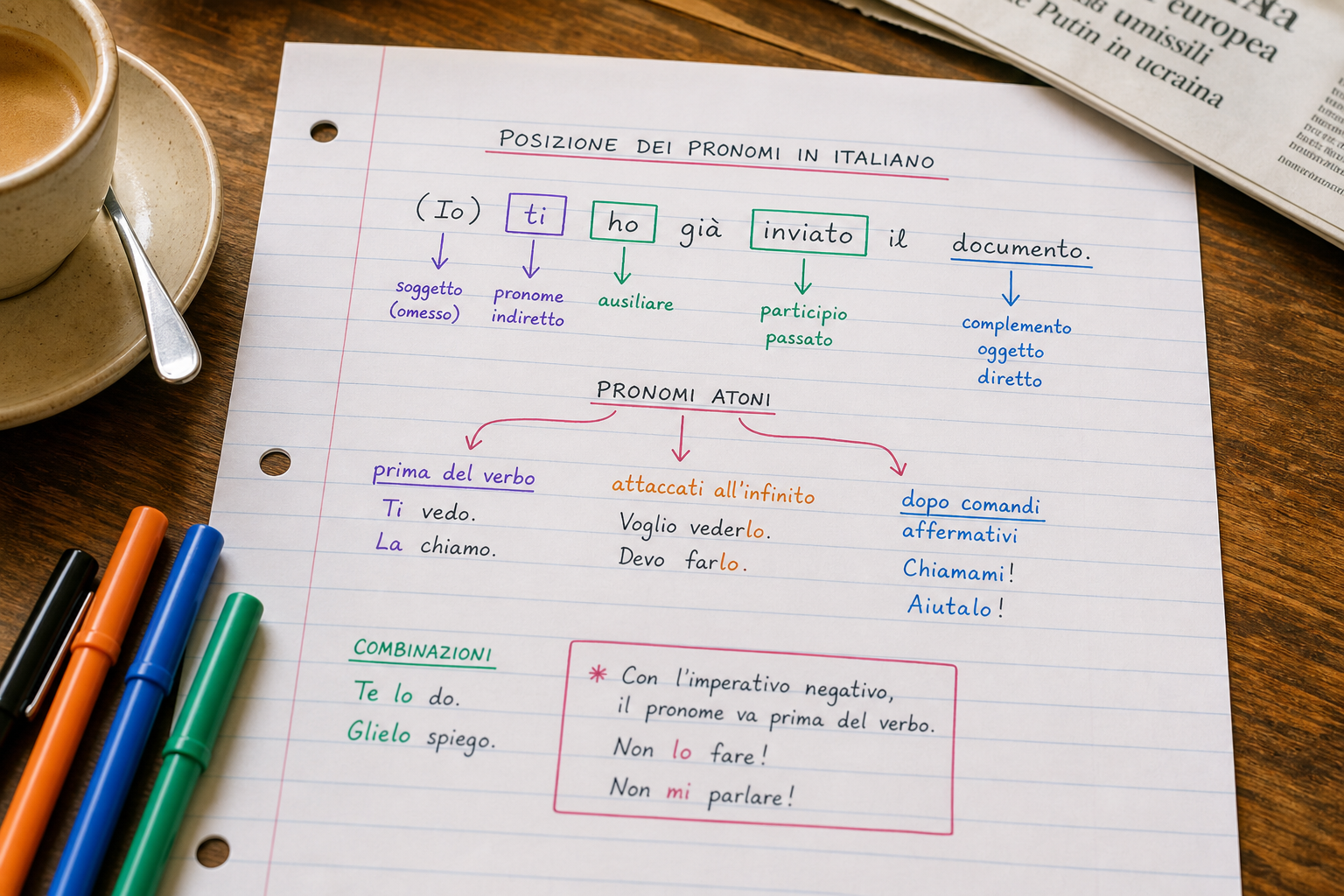 Italian pronoun placement diagram showing position before verb and attached to infinitive