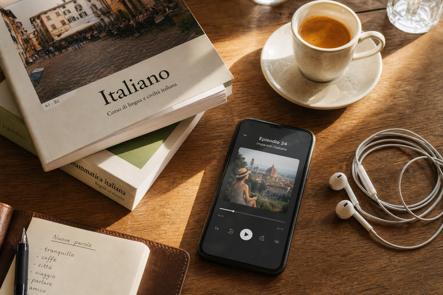 Podcast app interface showing Italian language podcasts with play buttons and episode lists