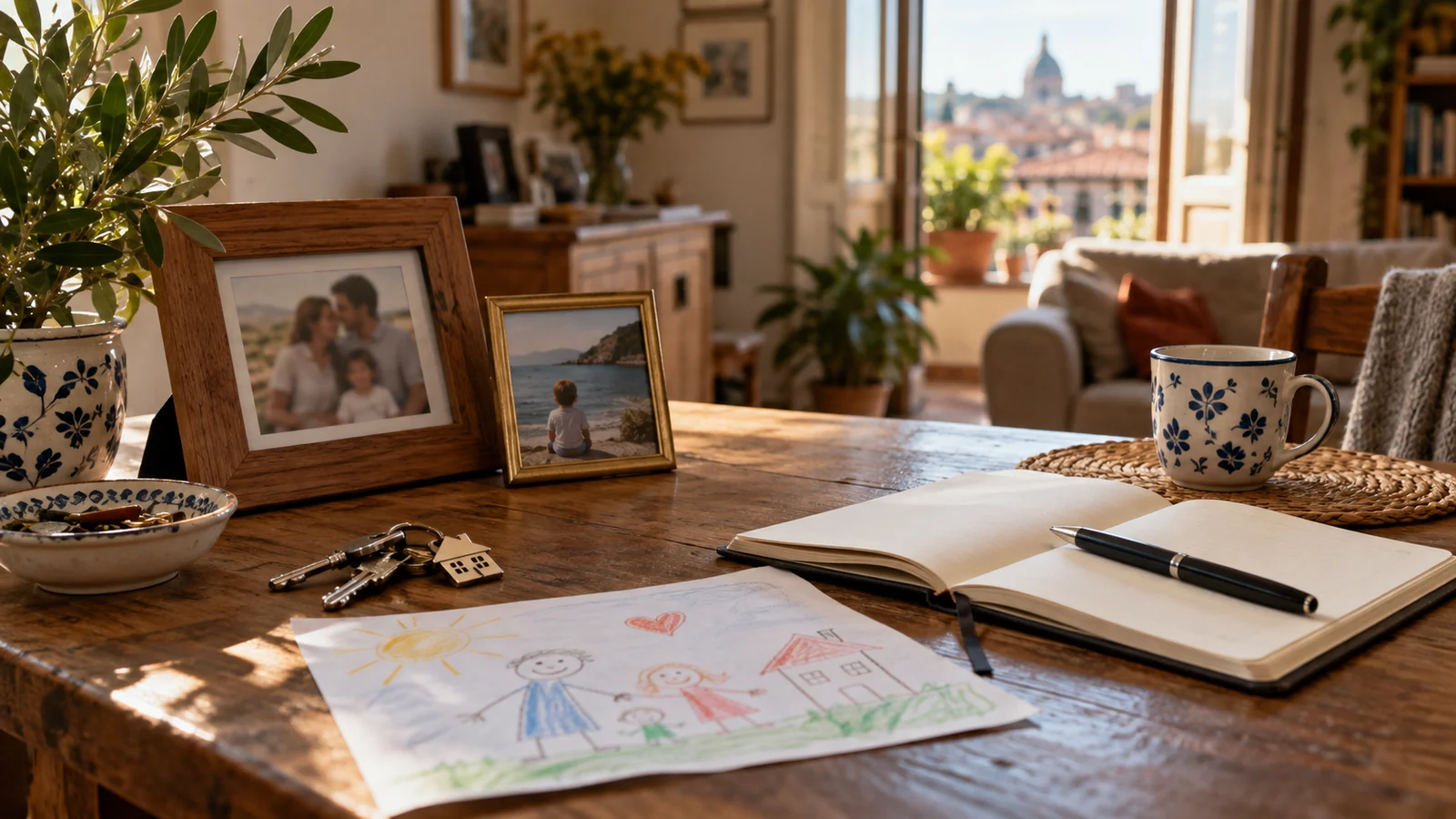 Family photographs, keys and notebook on a warm wooden table in an Italian home