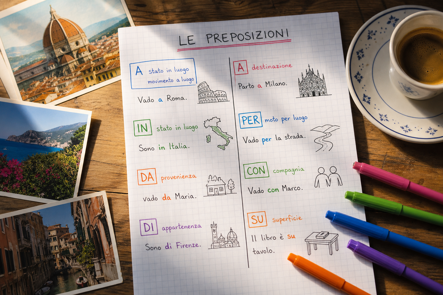 Diagram illustrating Italian preposition usage with a and in for cities versus countries
