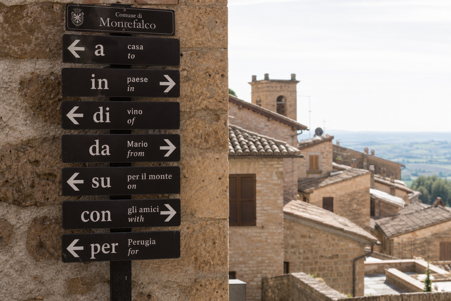 Colourful Italian preposition mind map showing di, a, da, in, su, per, con, tra with example phrases