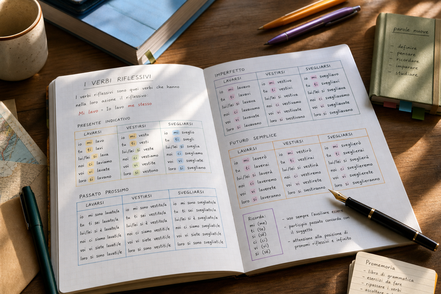 Italian reflexive verb conjugation table for svegliarsi, lavarsi, and vestirsi
