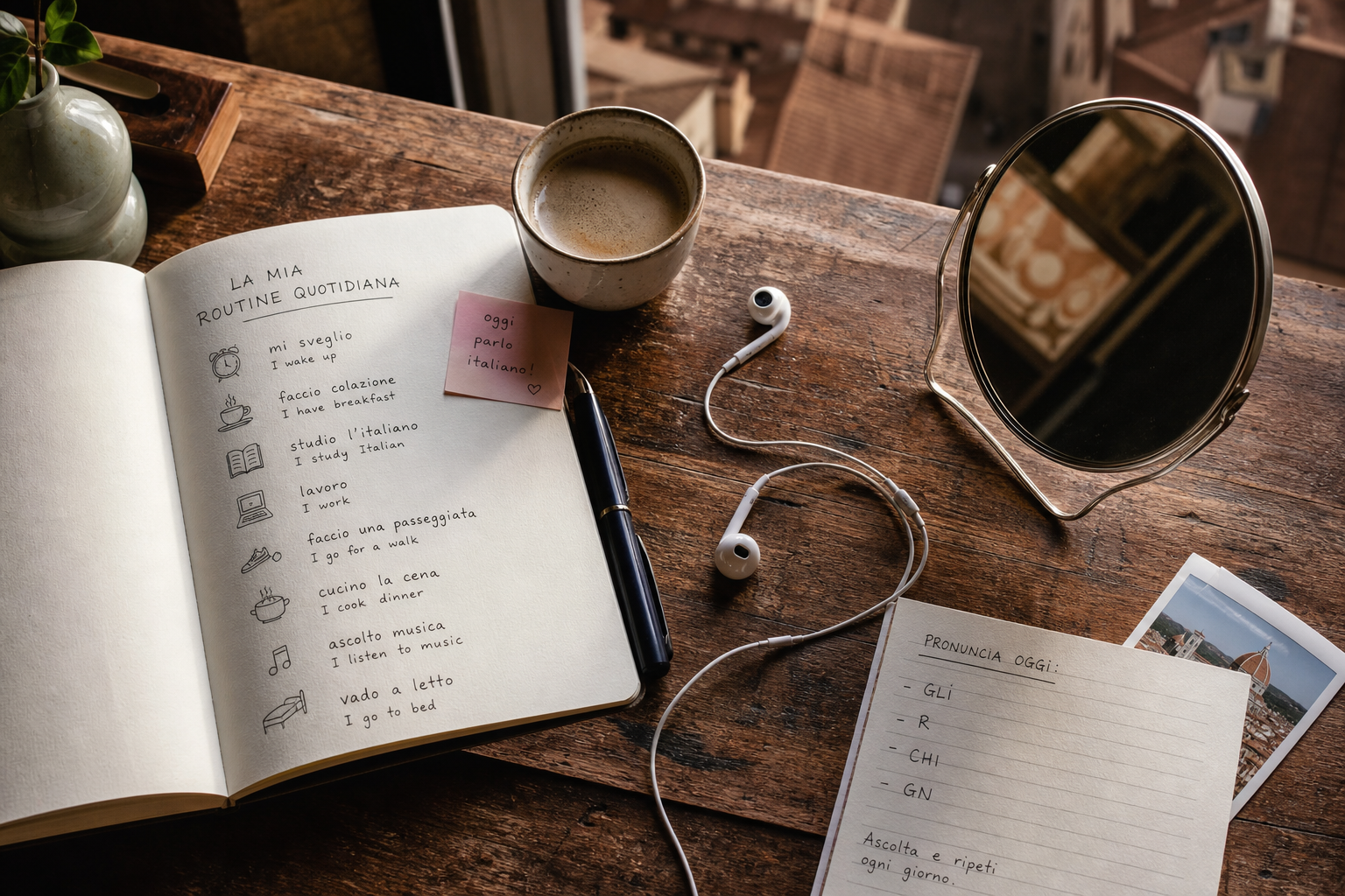 Italian reflexive verbs illustrated in a morning routine schedule with stick figures