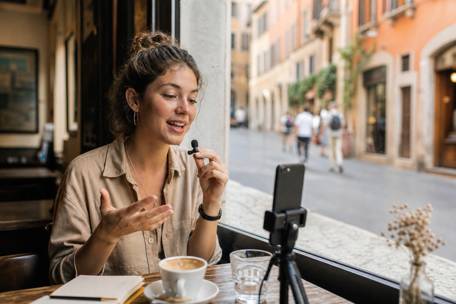 Learner recording Italian audio on phone