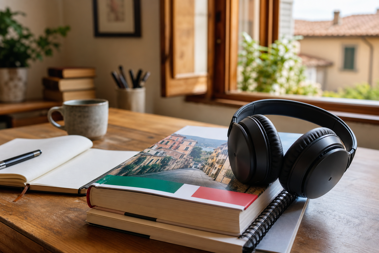 Headphones and Italian podcast waveform
