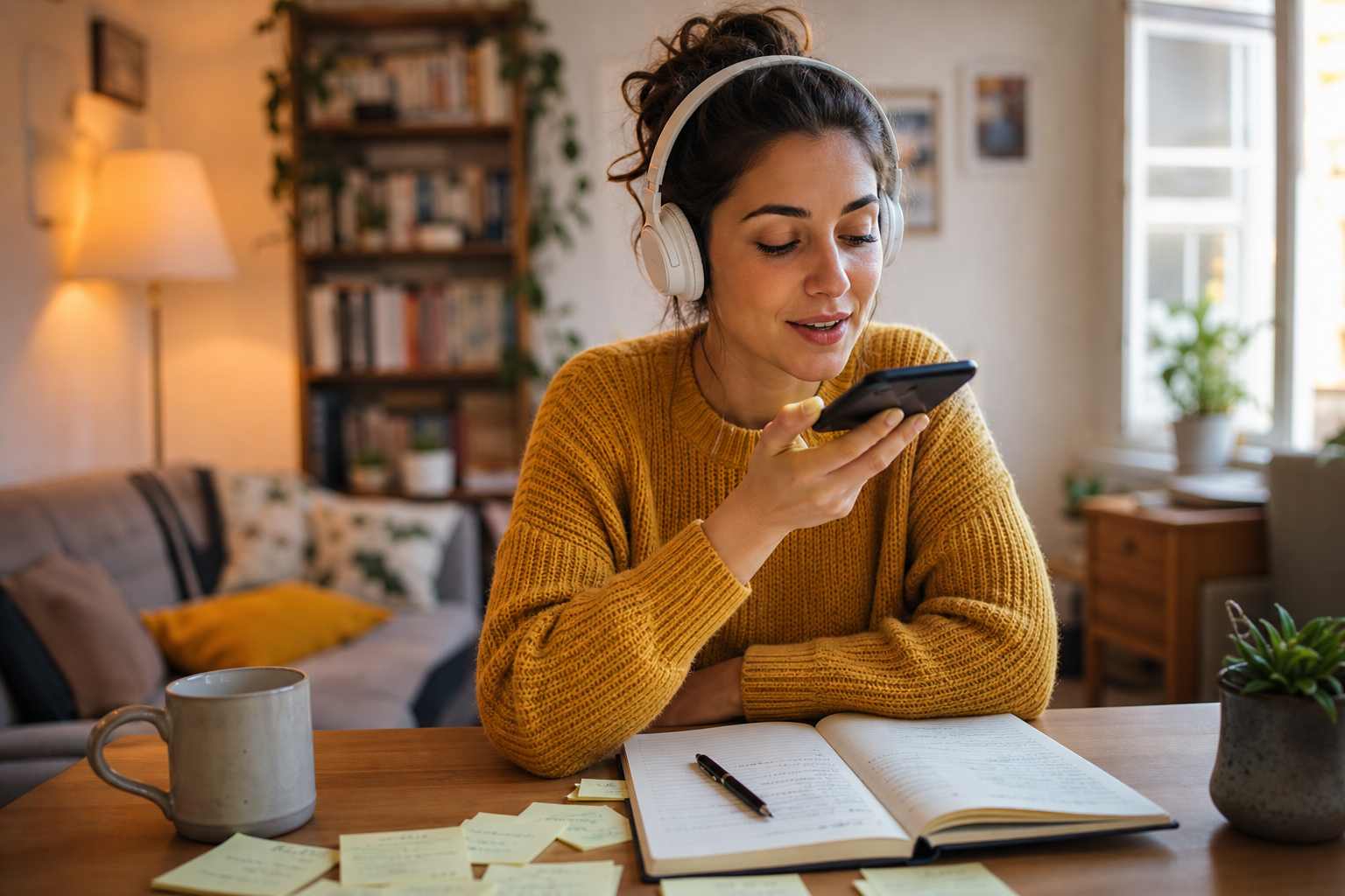 Person practicing Italian speaking at home with headphones and notebook
