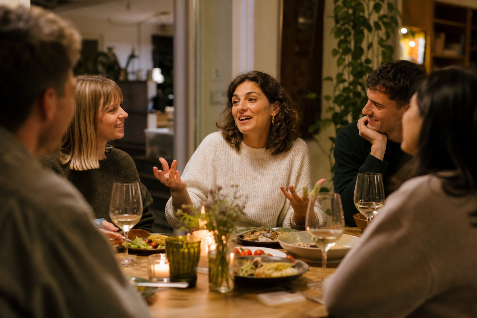 Person telling a story at an Italian dinner table with animated gestures