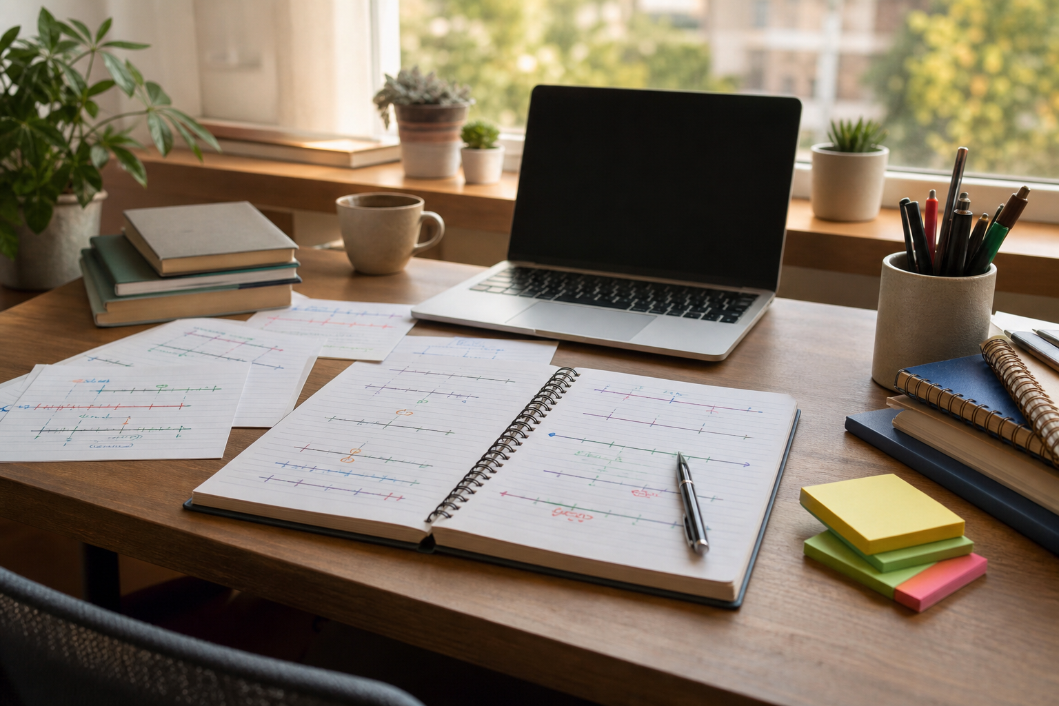 Study desk with Italian grammar notes and timeline diagrams for verb tenses