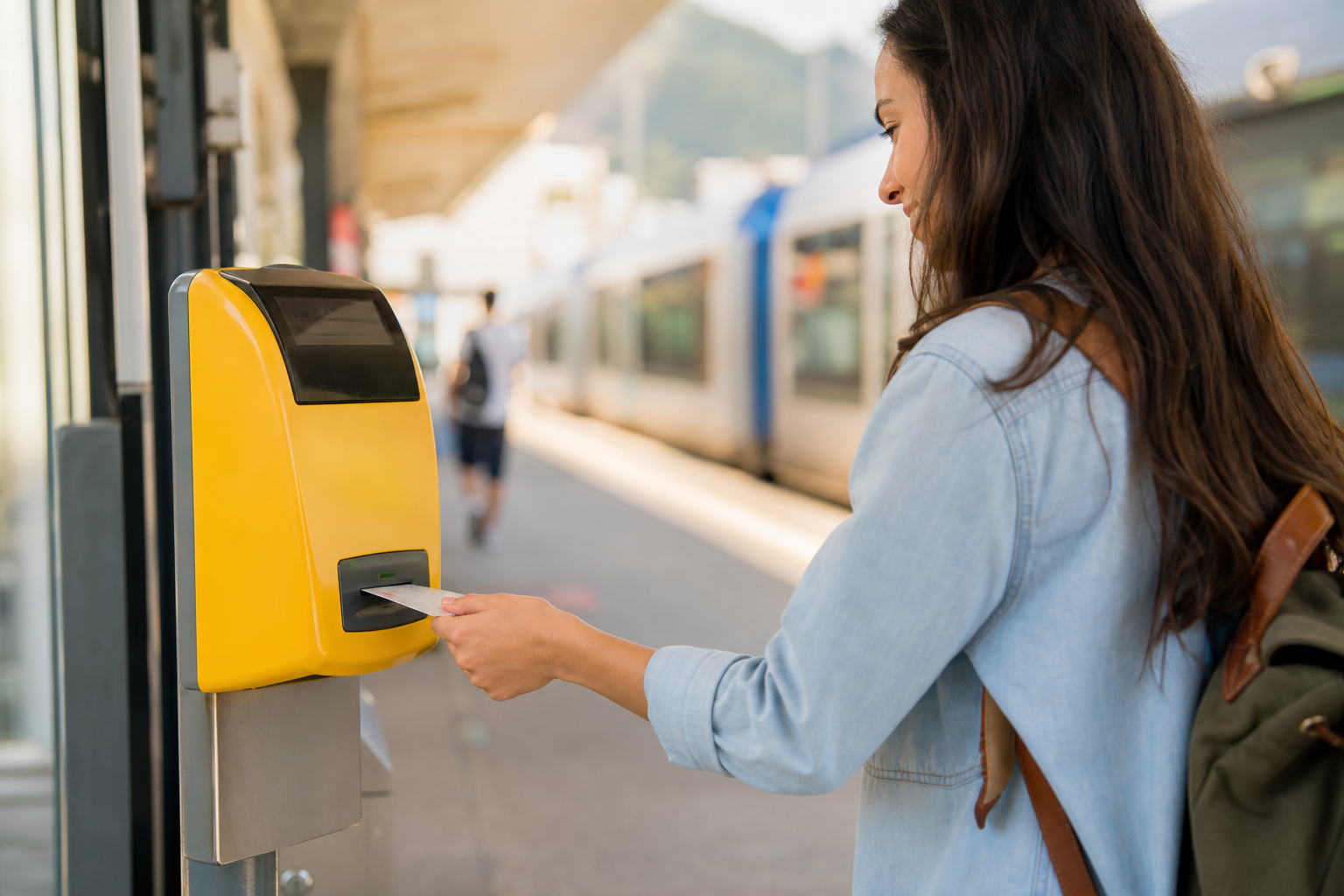 Yellow ticket validation machine on an Italian regional train platform