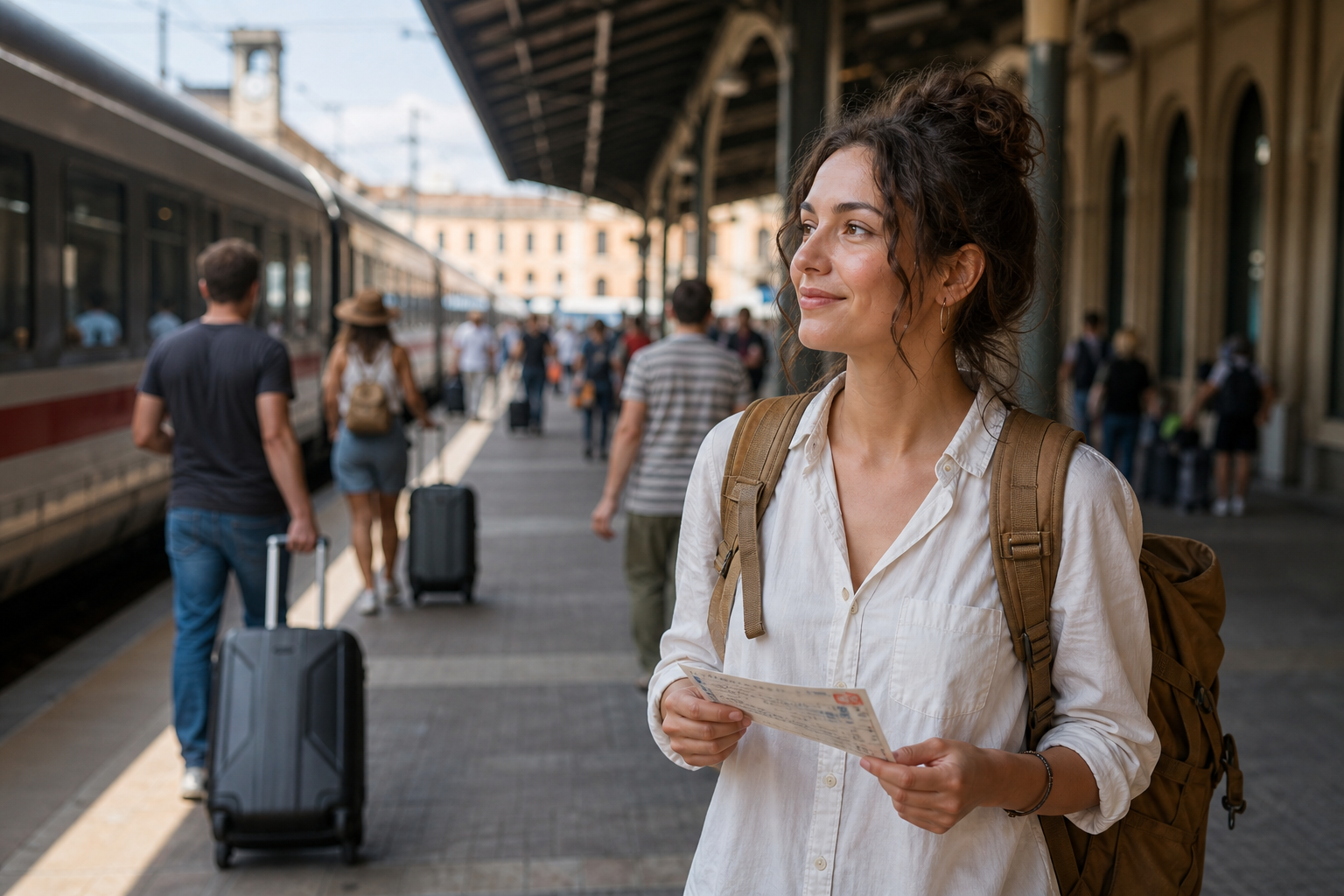 Traveler with train ticket on platform at Roma Termini station
