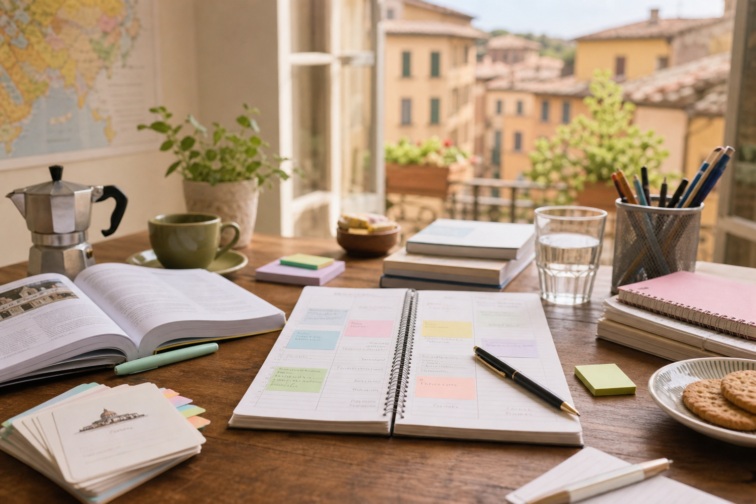 Italian learning schedule showing balanced input, grammar, and speaking sessions