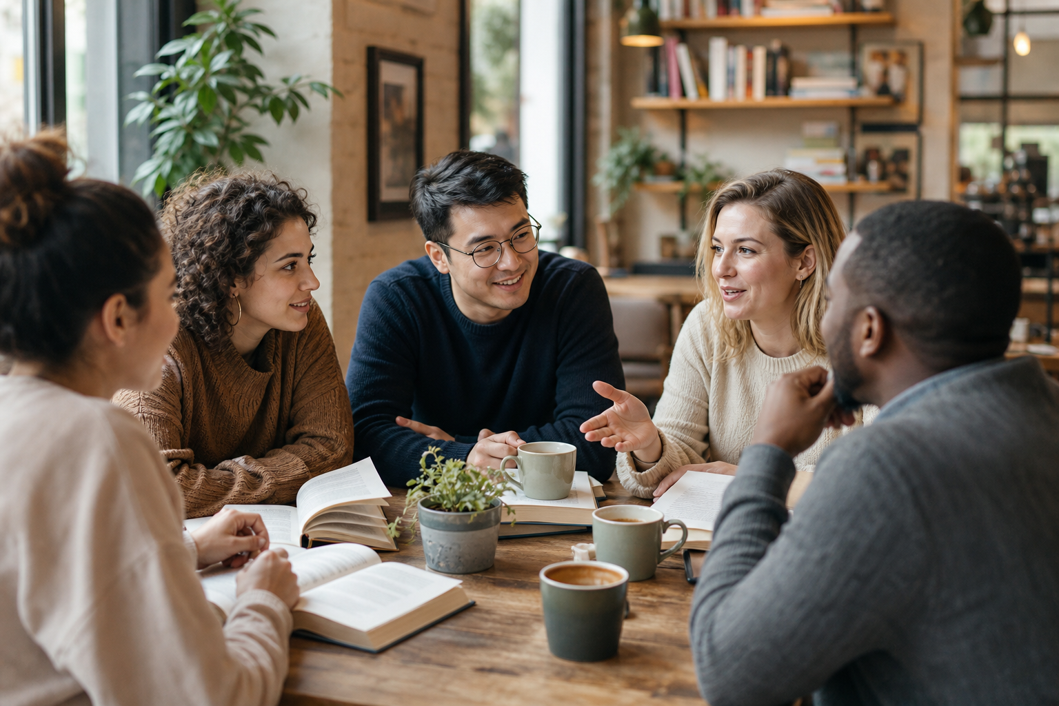 Italian book club members discussing a novel over coffee