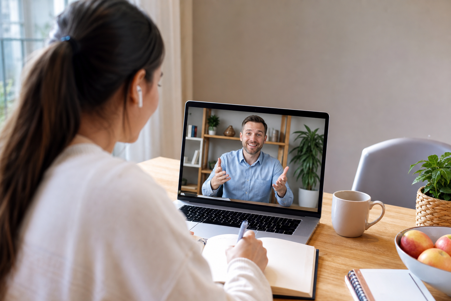 Weekly video call Italian lesson with tutor on laptop screen