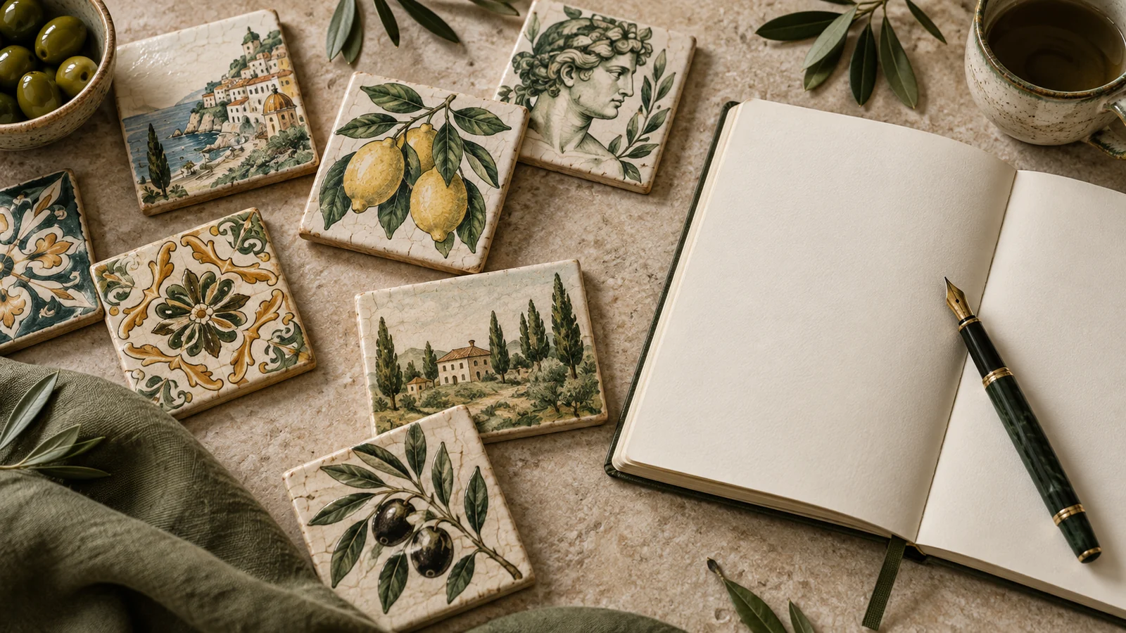 Italian ceramic tiles and language notebook arranged in an irregular pattern