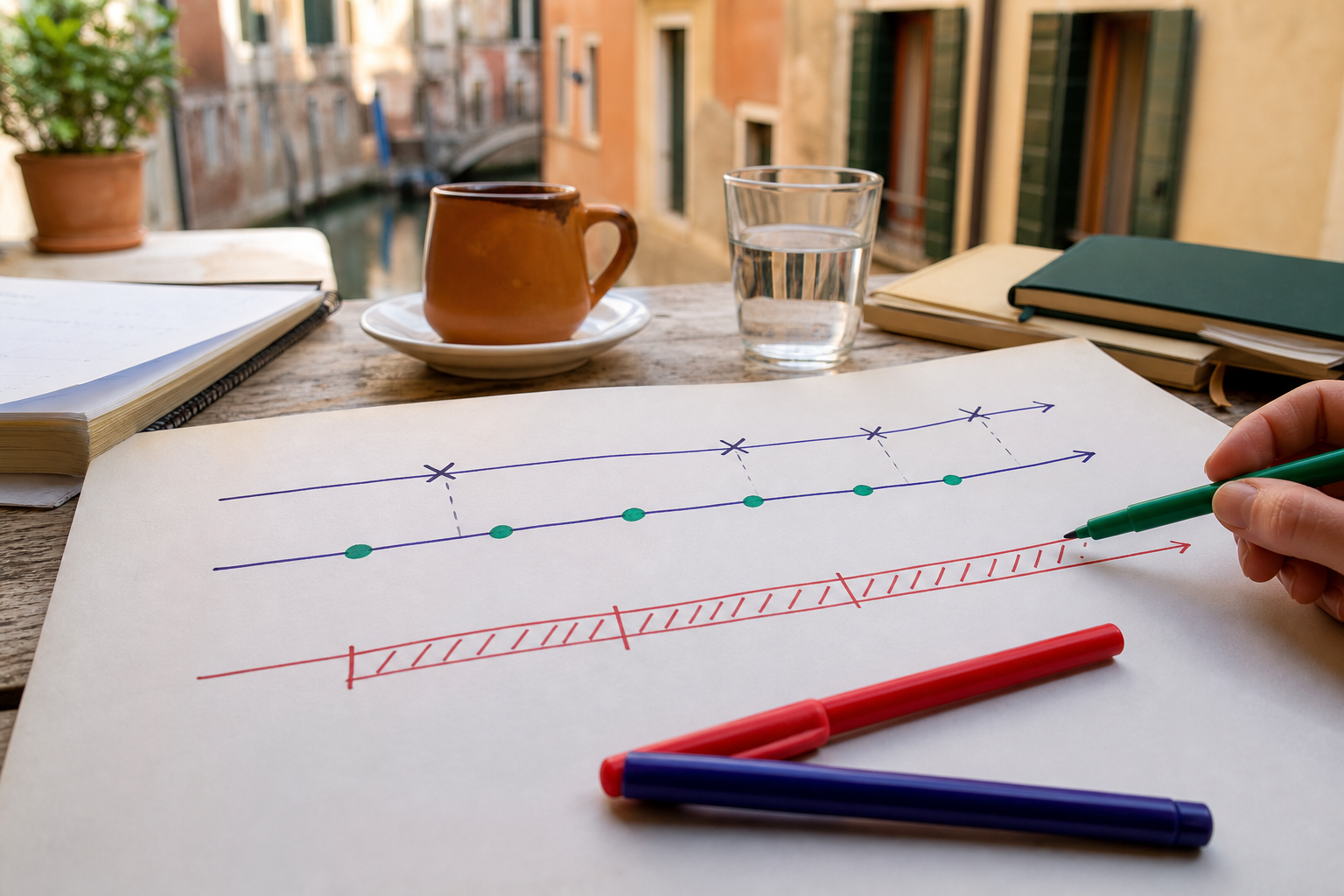 Timeline graphic with passato prossimo marked as distinct completed events