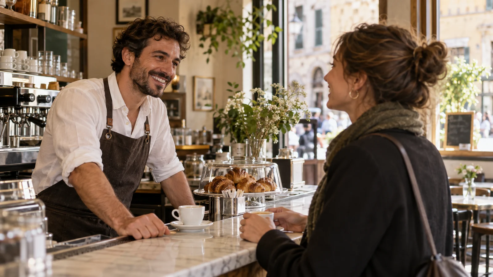 Customer and barista speaking politely across the counter of an Italian café