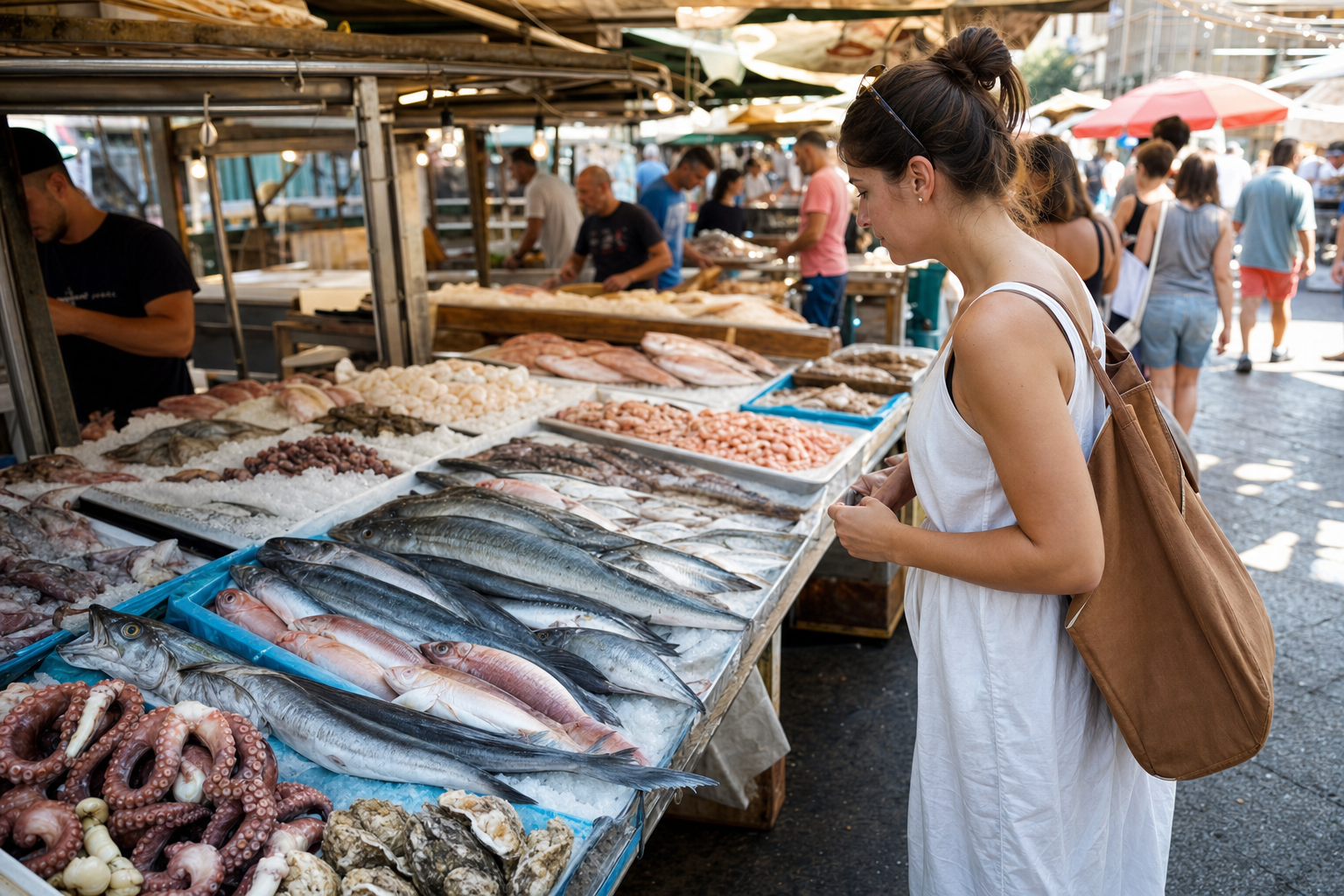Fresh seafood display at Catania fish market with local vendors