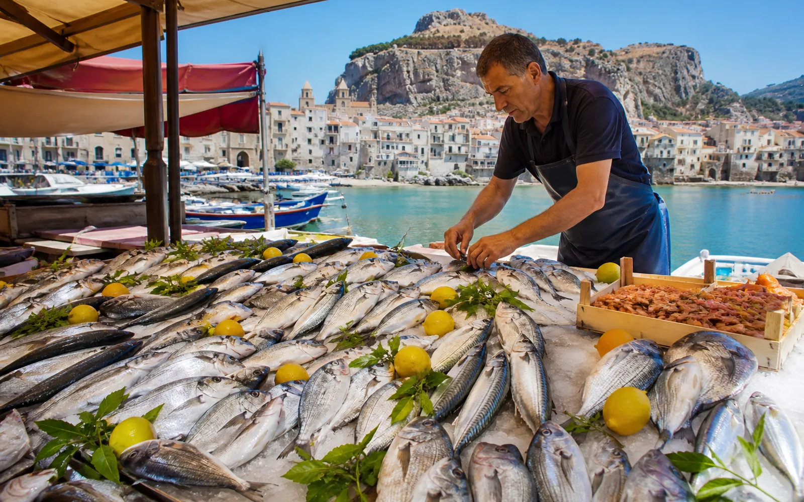 Fresh seafood display at Catania fish market with local vendors